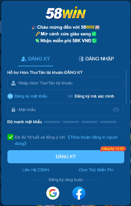 Cách đăng ký tài khoản tại 58WIN